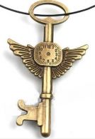 Antique Bronze Finish Steampunk Wing Key & Clock Retro Embellishment Pendant - 3" long X 1.75" wide.